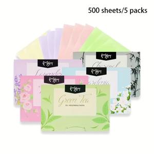 TEMU 5팩 (총 500매) 고효율 오일 흡수 블로팅 페이퍼 - 플로랄 디자인, 5가지 색상 어소트, 매트 마감, 모든 라이트 베이지 타입용, 휴대용 메이크업 필수품, 얼굴용 오일 블로팅 시트, 꽃무늬 패키징, 고흡수성 종이