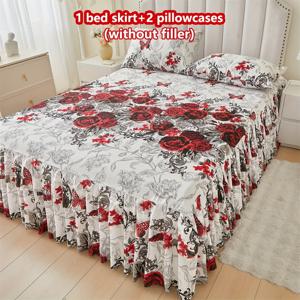 TEMU 3피스 레드 로즈 + 나비 프린트 침대 스커트 세트, 1개 피티드 시트 + 2개의 베개 커버(내부 없음), 부드럽고 편안한 다층 레이스 트림과 타이백 디자인, 주름진 밑단, 쉽게 탈착 가능한 매트리스 보호 커버로 침실 분위기 향상, 침구