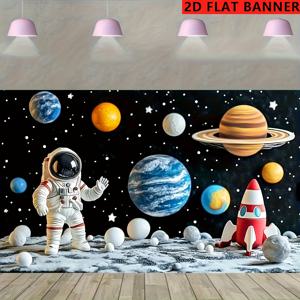 TEMU 1개 2D 평면 배너, 우주 탐험가 및 행성 디자인, 폴리에스터 원단, 다양한 크기 제공, 전기 불필요, 우주 테마 파티 장식에 적합, 로켓 및 별 배너 포함, 생일 및 일반 행사에 적합