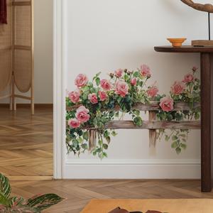 TEMU 매혹적인 탈착식 벽 스티커 - 창의적인 장미 & 녹색 잎 울타리 디자인, 생기발랄한 핑크 장미 & 풍성한 잎사귀, 침실, 거실, 주방, 사무실용 자체 접착 플라스틱 홈 데코 - 크리스마스, 할로윈, 추수감사절, 새해, 집 장식, 계절 장식에 완벽, 우아한 벽 예술, 쉬운 적용