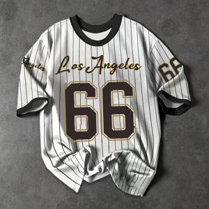 TEMU 통기성 좋고 편안한 남성용 플러스 사이즈 로스앤젤레스 66 프린트 티셔츠 - 캐주얼 스포츠 저지, 통기성 좋은 신축성 있는 니트 원단, 라운드넥, 세탁기 사용 가능, 블랙 앤 화이트 대각선 , 파티 웨어 | 캐주얼 스타일 | 편안한 착용감