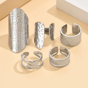 TEMU 빈티지 우아한 304 스테인리스 스틸 링 세트 5개, 해머 밴드, 조절 가능한 오프닝 링, 여성용, 데일리웨어, 웨딩, 발렌타인데이 선물용