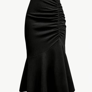 TEMU 여성용 우아한 주름 미디 스커트 - 블랙, 신축성 있는 허리, , 일상복, 파티 및 공식 행사에 완벽, 봄/여름 스타일, 폴리에스터 원단, 공식 의상| 스커트|신축성 있는 원단