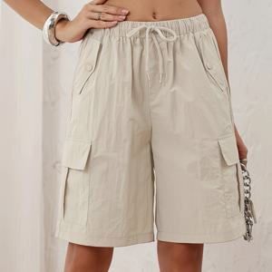 TEMU 여성용 아메리칸 스타일 카고 반바지, 다용도 포켓, 캐주얼 5부 바지, 와이드 레그 미디 길이 반바지, 세탁기 사용 가능 및 빠른 건조.