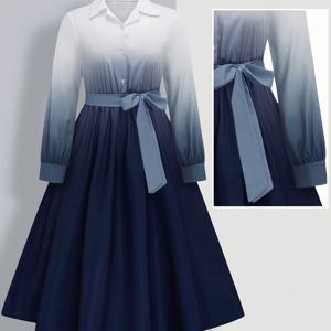 TEMU 플러스 사이즈, 우아한 여성용 블루 & 화이트 그라데이션 긴팔 라펠 칼라 드레스와 조절 가능한 허리 끈 - 슬림핏 보디스 & 플로우 A라인 스커트, 사계절 공식 및 캐주얼 착용 가능 YZ251, 엘레강트 맥시 스커트, 세련된 재봉틀, 디지털 프린트, 성숙한 스타일