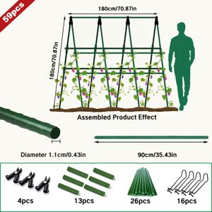 TEMU 59개 세트의 튼튼한 금속 정원 식물 지지대 키트, 70.87인치 길이, 11mm 직경의 녹 방지 코어로 토마토, 오이, 포도, 덩굴을 위한 강력한 지지대, 야외 채소 정원에 쉽게 설치할 수 있습니다.