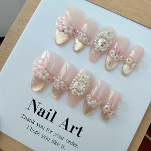 TEMU 10개 핑크 고양이 눈 네일 | 꽃과 진주 장식, 핸드메이드 ABS 인조 네일, 광택 마감, 데일리 외출 및 댄스 파티용 롱 아몬드 모양 네일