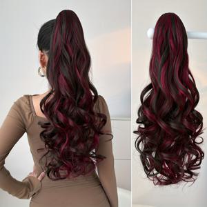 TEMU 26인치 내열 합성 섬유 포니테일 가발 - 클로우형 클립인 익스텐션, 딥 브라운에서 옴브레 컬러 & 곱슬 웨이브 텍스처, 여성용 일상 사용, 모든 인종에 적합, 다목적 헤어피스, 광택 마감