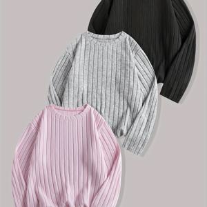 TEMU 여아용 편안한 긴팔 티셔츠 3종 세트. 핑크, 라이트 그레이, 블랙의 골지 니트 라운드넥 상의로 구성되어 있으며, 가을, 겨울철에 부드럽고 따뜻하게 착용할 수 있습니다.