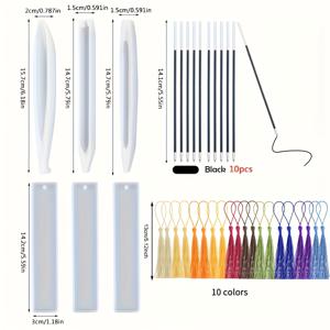 TEMU 3펜 + 3북마크 + 20액세서리 투명 펜 & 북마크 실리콘 몰드 세트, 에폭시 수지 주조 몰드, DIY 수제 문구 재료, 혼합형 펜 몰드 (태슬 & 장식 포함)
