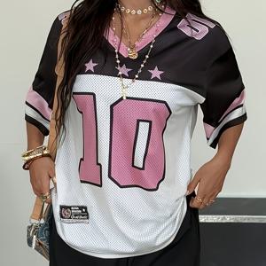 TEMU 여성용 오버사이즈 V넥 '10' 넘버 & 핑크색 레터링이 돋보이는 티셔츠 - 블랙&핑크, 여름 스트리트웨어 캐주얼 루즈핏 이상한 탑, 일상복에 딱! 세탁기 가능하며 통기성 있는 소재, 스타일리시한디자인, 가벼운 원단, 내구성있는 텍스타일, 프린팅 티, 패션러브에게 추천하는 아이템