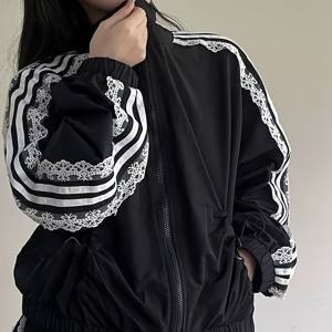 TEMU 여성용 캐주얼 레이스 트림 스탠드업 칼라 & 지퍼 포켓 재킷 - 세탁기 사용 가능 솔리드 블랙 올시즌 아우터웨어, 레이스 자켓, 데일리 웨어 코트, 우아한 디자인 가벼운 레이어링, 스타일리쉬 아우터웨어, 고품질 스티칭 패션 여성 코트