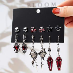 TEMU 고딕 스타일 해골 체리 별 장미 박쥐 날개 관 할로윈 귀걸이 세트 (6쌍)