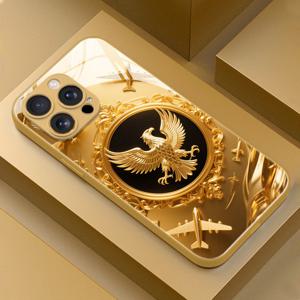 TEMU 휴대폰 케이스 - 황금 독수리와 비행기 컬라주가 특징인 고급 유리 휴대폰 케이스. 아이폰 16 Pro Max/16E/15 Pro/14 Plus/13 Pro Max/12/11 Pro와 호환됩니다. 트렌디하고 스타일리시하며 아름답고 고급스러운 느낌을 제공합니다.
