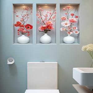 TEMU 3pcs 3D 플로럴 화병 벽 스티커, 모던 벚꽃 장미 아트 스티커, 거실 침실 서재 배경 장식, PVC 자체 접착 벽화, 럭셔리 엠보싱 걸이 그림