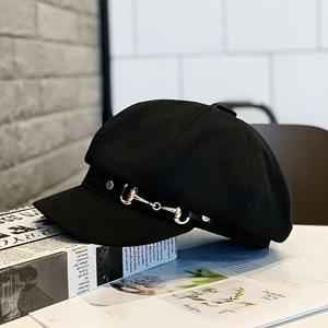 TEMU 일본 스타일 캐주얼 스위트 쿨 메탈 버클 베레모 여성용, 봄/가을 핫셀링 빈티지 베레모로 얼굴을 작게 보이게 하는 화가 베레모 도매