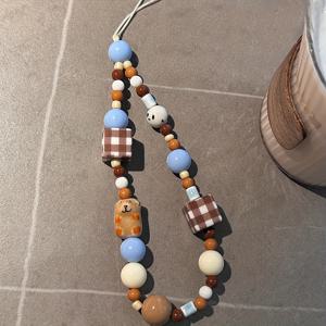 TEMU 갈색 체크무늬 사각 강아지 비즈 폰 랜야드 손목 스트랩 팔찌 참 체인 코드