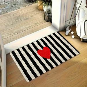 TEMU 1개 블랙 앤 화이트 하트 패턴 미끄럼방지 매트 - 부드러운 기계 세탁 가능, 주방·침실·파티 장식용, 선물 추천, 털빠짐 없는 중성 매트, 크리스마스에 딱 좋은 욕실 매트