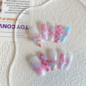 TEMU 10개입 핸드페인팅 체리 & 보우 글로시 프레스온네일 - 3D 층별디자인 발레형 롱 가성비, 핑크 벚꽃과 하트&보우, 재사용 간편적용 (특별한 날/파티/캐주얼), 세부 있는 매니큐어, 내구성 UP|네일아트|네일팁