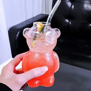 TEMU 2개 세트: 고탄소유리 1개 + 유리 빨대 1개 - 귀여운 곰 모양 커피잔, 투명한 창의적인 칵테일 잔, 주스와 밀크티용, 인스타 스타일 캐릭터 여행 머그컵