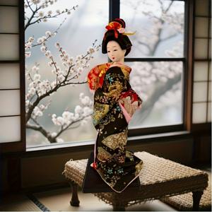 TEMU 수제 일본 게이샤 인형 - 우아한 빨간색 & 금색 꽃무늬 기모노 장식, 거실, 차집 또는 파티용 레진 제작품 - 전기 필요 없음, 수집 가능한 아시아 홈 오너먼트 선물, 전통 디자인, 예술적 조각상, 일본 애호가들을 위한 장식 피규어