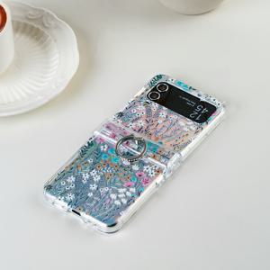 TEMU 휴대폰 케이스 - 반짝이는 레이저 카드스톡 소형 꽃무늬 패턴, 전기 도금 링 홀더, 힌지 보호, 풀 랩 하드 쉘, 충격 방지 및 낙하 방지 접이식 휴대폰 케이스 (갤럭시 Z 플립3 5G, 갤럭시 Z 플립4 5G 호환)