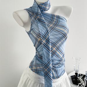 TEMU AURORA LT 독특한 디자인! 체크무늬 원숄더 리본 조끼 - 비대칭 패션 스타일