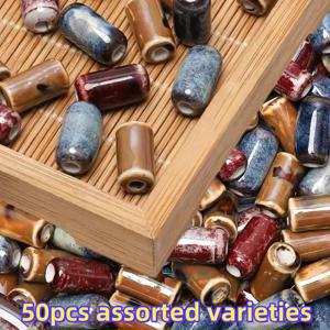 TEMU 50개 고온용 가마에 불타는 세라믹 비즈 - 다양한 색상 및 패턴, DIY 주얼리 만들기, 공예 및 예술 프로젝트용 대형 구멍 비즈, 비즈 어소르트먼트|생동감 있는 비즈 디자인|내구성 있는 세라믹 비즈, 주얼리 만들기 용품