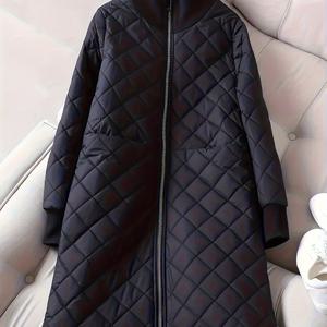 TEMU YY0805115 여성 겨울 코트, 커뮤터 순수 체크 스탠드 칼라 미디엄 재킷