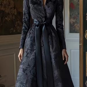 TEMU 블랙 플로럴 다크 프린트 새틴 롱 슬리브 A라인 스탠드 칼라 V넥 드레스