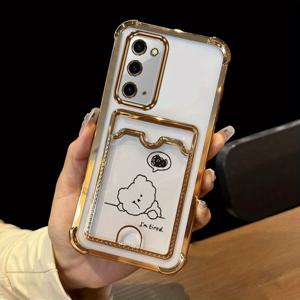 TEMU 노트20 패션 시리즈 카드 홀더 슬롯 폰 케이스, 삼성 갤럭시 노트 20 호환 투명 도금 커버 및 충격 방지 피곤한 곰 보호 케이스, 데일리 필수품 홀더, 모바일 액세서리, 카툰 프린트, 투명 디자인, 충격 방지 소재, 고품질 마감, 보호 케이스, 이동 중 사용자, 테크 애호가