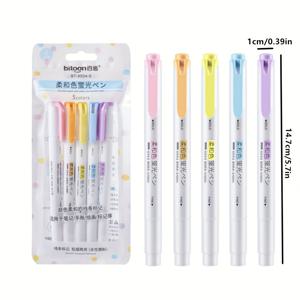 TEMU 5개 듀얼 팁 모란디 파스텔 하이라이터 세트 - 눈에 좋고 방수 기능으로 노트 및 미술 작품에 적합하며 중간 팁으로 학생에게 완벽한 선택입니다.