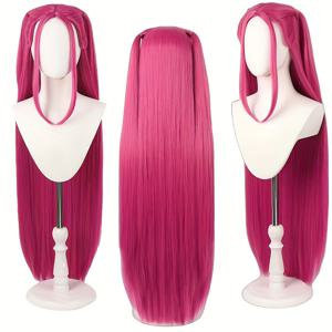 TEMU 고온 내성 합성 섬유로 제작된 통용 사이즈 애니메이션 캐릭터 코스튬 가발, 통기성 메쉬 캡 포함. 멋지고 스타일리시한 걸그룹 스타일 로즈핑크 포니테일. 음악 파티, 할로윈, 크리스마스 페스티벌에 완벽한 풀헤드 가발