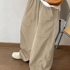 TEMU 남성용 캐주얼 와이드 레그 코듀로이 팬츠, 포켓 포함, 단색, 세탁기 사용 가능|냉장고바지|남자바지|바지