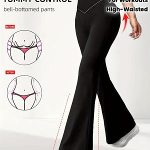 TEMU 여성용 하이웨이스트 복부 컨트롤 벨바텀 카프리 팬츠 - 복부 트리머 벨트 스타일 허리밴드, 와이드 레그 플레어 밑단, 산후용 및 캐주얼 웨어, 사계절용 팬츠 (세탁기 사용 가능)