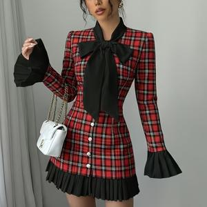 TEMU 여성용 체크무늬 타탄 드레스, 리본 칼라 & 퍼프 소매 - 레드/블랙/화이트 스코틀랜드 스타일 A라인, 세탁기 사용 가능한 겨울 파티 웨딩 게스트 드레스 (드라이클리닝 금지)