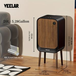 TEMU VEELAR 스마트 - 모션 뚜껑, 터치리스 작동, 핸즈프리 대용량 스테인리스 스틸 (월넛 우드 그레인, 430 등급 헤비듀티), 가정 및 사무실용 (선물 가방 포함)|쓰레기통