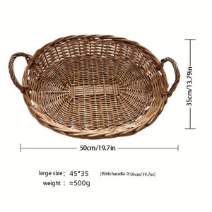 TEMU 1개 러스틱 직조 타원형 수납 바구니 (손잡이 포함) - 천연 나무결, 오픈형 디자인 (주방, 사무실 또는 거실 장식용) - 내구성 및 간편한 청소, 선반 바구니, 주방 수납, 바구니 수납함, 바스켓, 간식바구니, 욕실바구니, 정리함, 바구니 정리함, 수납함, 과일바구니