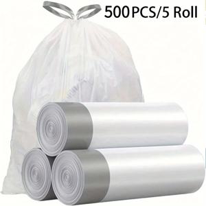 TEMU 500개입 / 5롤 두꺼운 대형 휴대용 쓰레기 봉투, 주름줄 포함, 주방 및 욕실 쓰레기통용 흰색 라이너, 가정, 사무실, 침실 및 식사 공간의 15.14리터 쓰레기통에 적합, 일회용 쓰레기 봉투 쓰레기 봉투|음식물쓰레기통