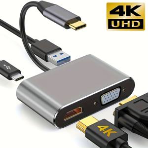 TEMU 4-in-1 USB-C 허브 어댑터 - MacBook Pro/Air, iPad, Dell XPS 호환, PD 충전 및 USB-C 비디오 어댑터, VGA, USB-Hub, 플러그 앤 플레이 (USB-C 노트북, 태블릿, 스마트폰 호환)