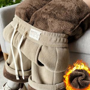 TEMU 여성용 플러스 사이즈 겨울용 따뜻한 와이드 레그 팬츠 - 두꺼운 플러피 소재, 풀 길이 포켓 & 레그 디자인 - 40~50대 중년 엄마를 위한 캐주얼 겨울 바지 (손세탁 가능)