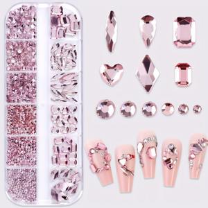 TEMU 1000개 네일 아트 12 그리드 특수 모양 라인스톤 네일 스티커 (무접착 바닥 혼합 소형 원형 납작 바닥) 주얼리 장식