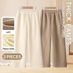 TEMU 2개 세트 여아용 안감 팬츠, 세탁 가능하고 내구성 좋은 셔닐 코듀로이 바지, 슬림핏 및 키높이 효과, 가을/겨울 스타일, 중대형 키즈용 와이드 레그 팬츠, 따뜻한 겨울 아동복, 패셔너블하고 스타일리시, 선물용으로 이상적, 야외 활동에 완벽