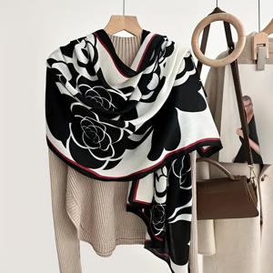 TEMU 여성용 우아한 플로럴 프린트 스카프 - 부드럽고 통기성 좋은 겨울용 랩, 일상복 및 포멀룩을 위한 가벼운 따뜻함, 세탁기 사용 가능
