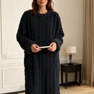 TEMU 여성용 임산부 잠옷 - 두꺼운 겨울용 임신 수면복, 푹신한 트림과 따뜻한 라운드넥 가운, 수유 및 후기 임신용 (손세탁 권장) - 스타일 솔리드 컬러, 임산부를 위한 편안한 잠옷