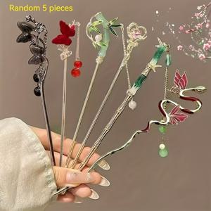 TEMU 5개 여성용 스타일리시 메탈 헤어핀, 랜덤 5개 세트, 튼튼한 헤어 스타일링 도구, 정교하고 우아한 장식, 나비, 뱀, 마법의 지팡이 등 다양한 디자인, 등 다양한 상황에 적합