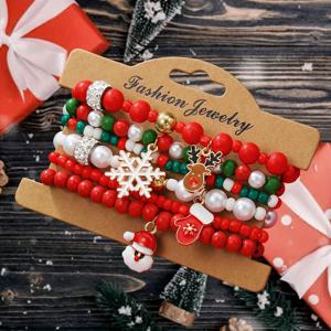 TEMU Y2K 블링 크리스마스 레이어드 참 팔찌 세트, 산타 순록 눈송이 비즈 - 레드 & 그린 멀티스트랜드 탄력성 핸드 체인, 여성 & 남성용, 모든 계절에 어울리는 파티 선물