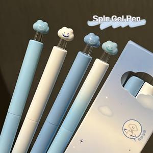 TEMU 즐거운 구름 스핀 젤펜 4개 세트, 블루 화이트 그라데이션 구름 장식 귀여운 힐링 스타일, 돌려서 전진하는 부드러운 필기감, 학생 일상 필기용품 (일반 사이즈)