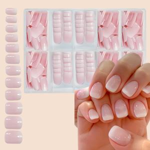 TEMU 120개 짧은 사각형 프레스온 네일 세트, 누드 & 핑크 그라데이션, 광택 마감, 프랑스 스타일, 패션 화이트 & 글리터 디자인, 작업, 공부, 파티, DIY 네일 아트, 젤리 접착제 & 네일 파일 포함 | 신부 네일 | 결혼식 네일
