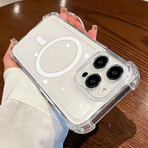 TEMU 투명 정밀홀 자기식 무선충전 폰케이스, 코너 낙하 보호 기능, 아이폰 16/15/14 프로 맥스 & 15 플러스 호환